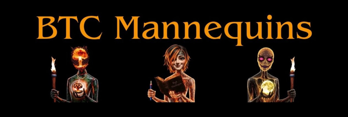 BTC Mannequins title in orange above three mannequins holding torches, a book and glowing orbs, on black